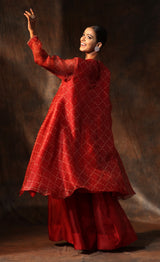 Red Organza Print Bandhani Round Neck Kurta Sharara Set