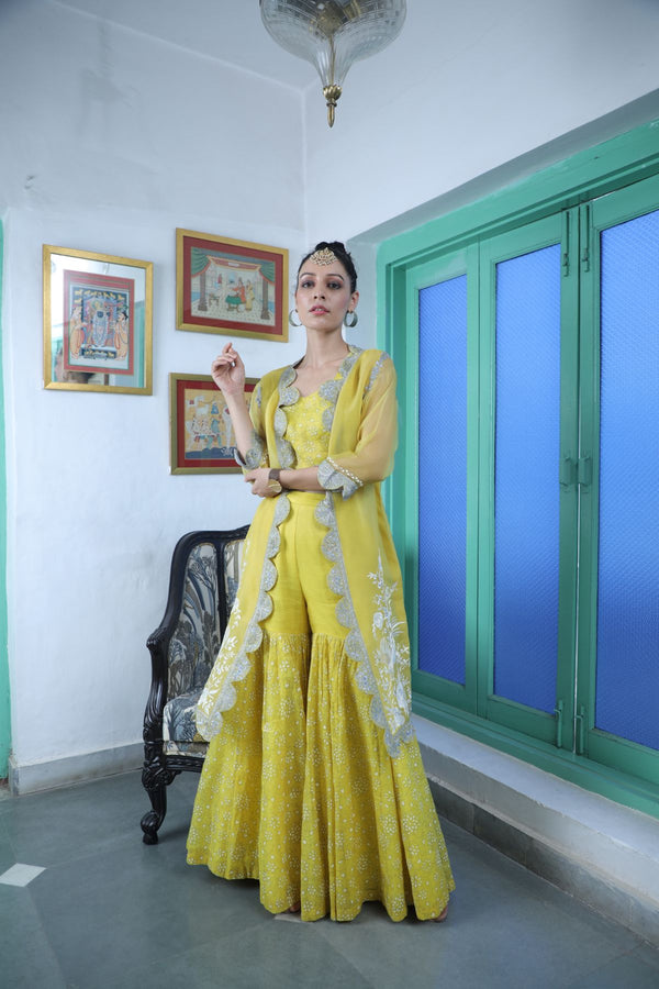 Yellow parsi embroidered organza jacket with bustier and gharara