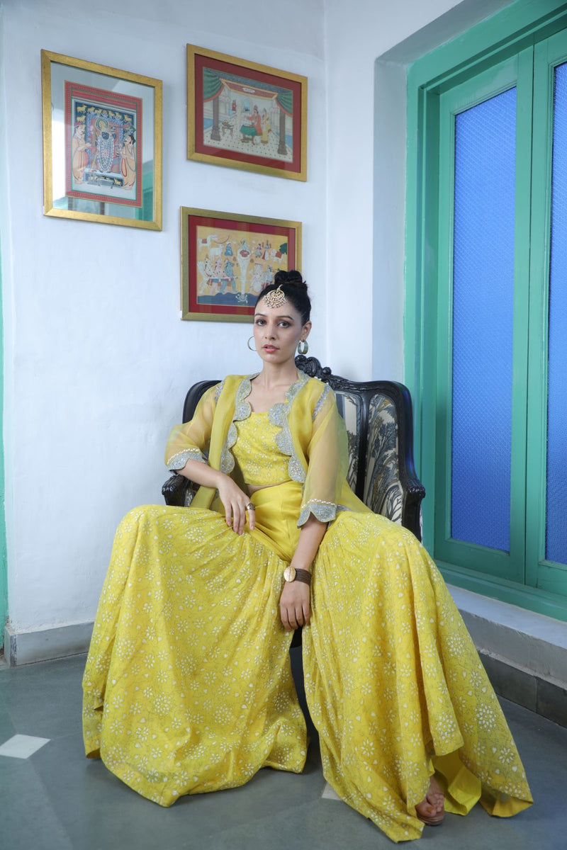 Yellow parsi embroidered organza jacket with bustier and gharara