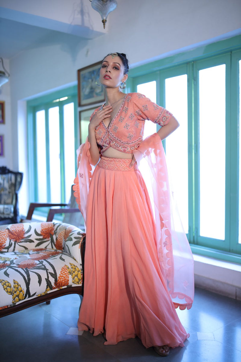 Hand embroidered peach hued blouse skirt and dupatta