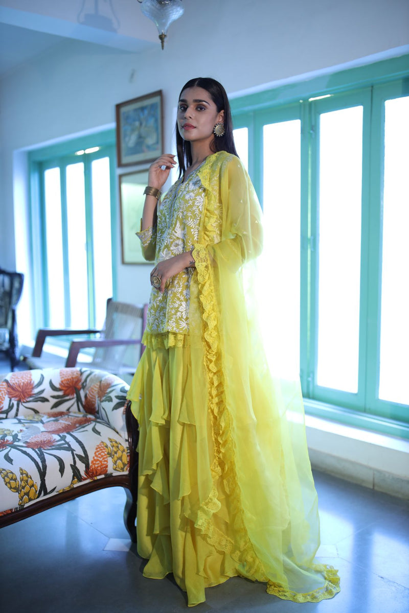 Lime yellow kurta with ruffled sharara & dupatta