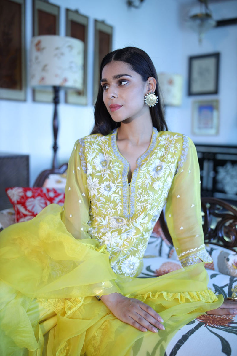 Lime yellow kurta with ruffled sharara & dupatta