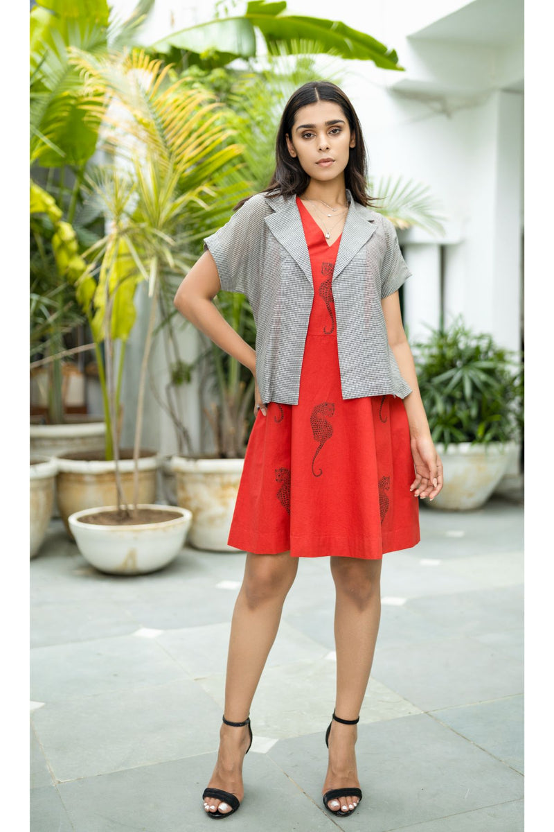 Red dress with  grey check short jacket