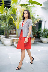 Red dress with  grey check short jacket