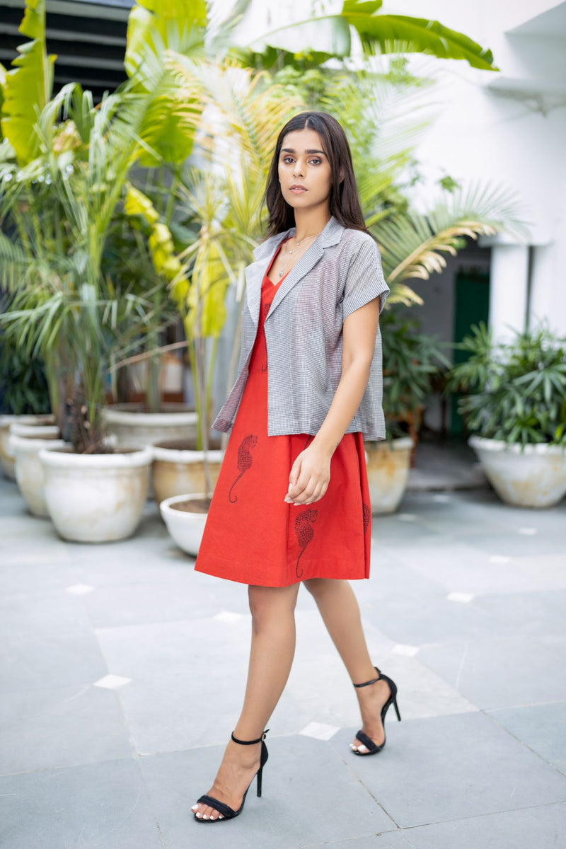 Red dress with grey check short jacket Neeta Bhargava Red dress with grey check short jacket Neeta Bhargava