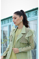 Apple green and lime yellow top combined with flap jacket and solid colour straight pants