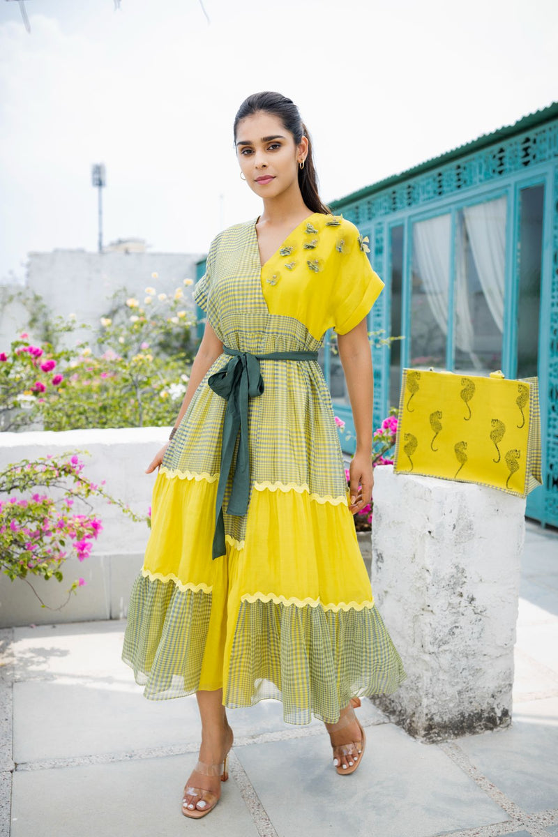 Apple green with lime yellow tiered dress combined with solid lime yellow