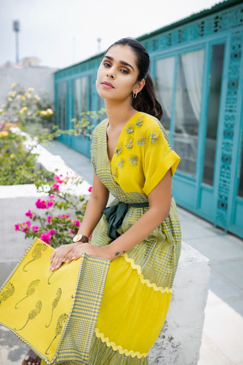 Apple green with lime yellow tiered dress combined with solid lime yel Neeta Bhargava Apple green with lime yellow tiered dress combined with solid lime yel Neeta Bhargava