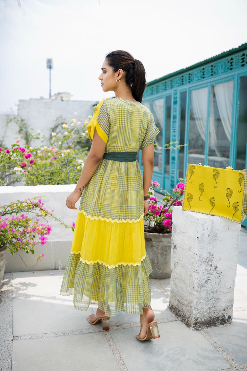 Apple green with lime yellow tiered dress combined with solid lime yellow