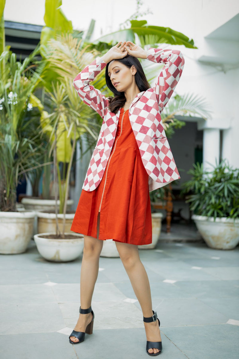 Chipotle sasta red dress with triangle print coat