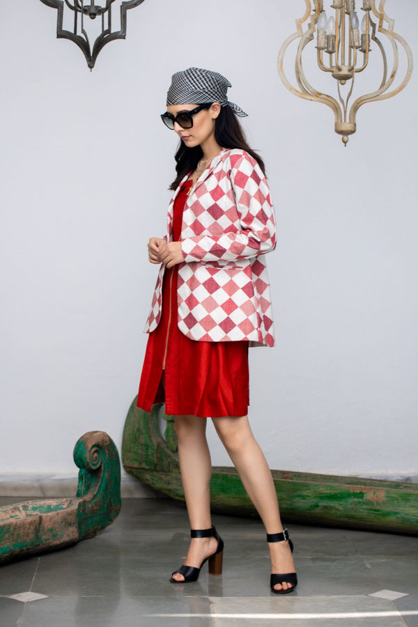 Chipotle sasta red dress with triangle print coat