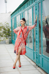 Multi-red floral print pleated shirt dress