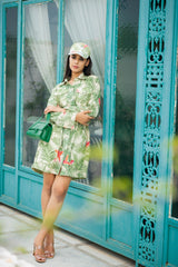 Green hummingbird print short dress with belt and running cap