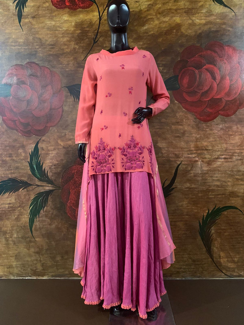 Hand embroidered high low kurta with skirt