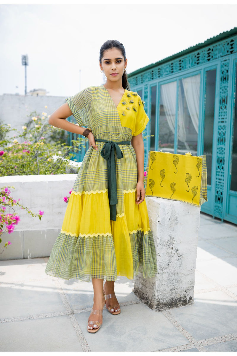 Apple green with lime yellow tiered dress combined with solid lime yel Neeta Bhargava Apple green with lime yellow tiered dress combined with solid lime yel Neeta Bhargava