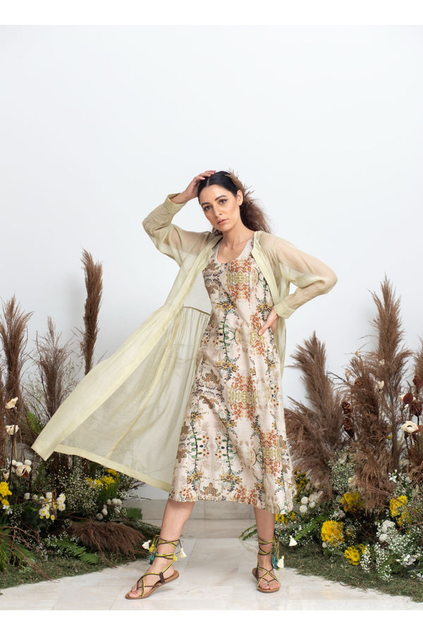 Raw Green Blossomy Print Dress And Overlay - Raw Green - Neeta Bhargava