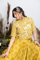 Sunshine Glow Crop Top with Hand-Painted Skirt and Organza Odhani - Sunshine Glow - Neeta Bhargava