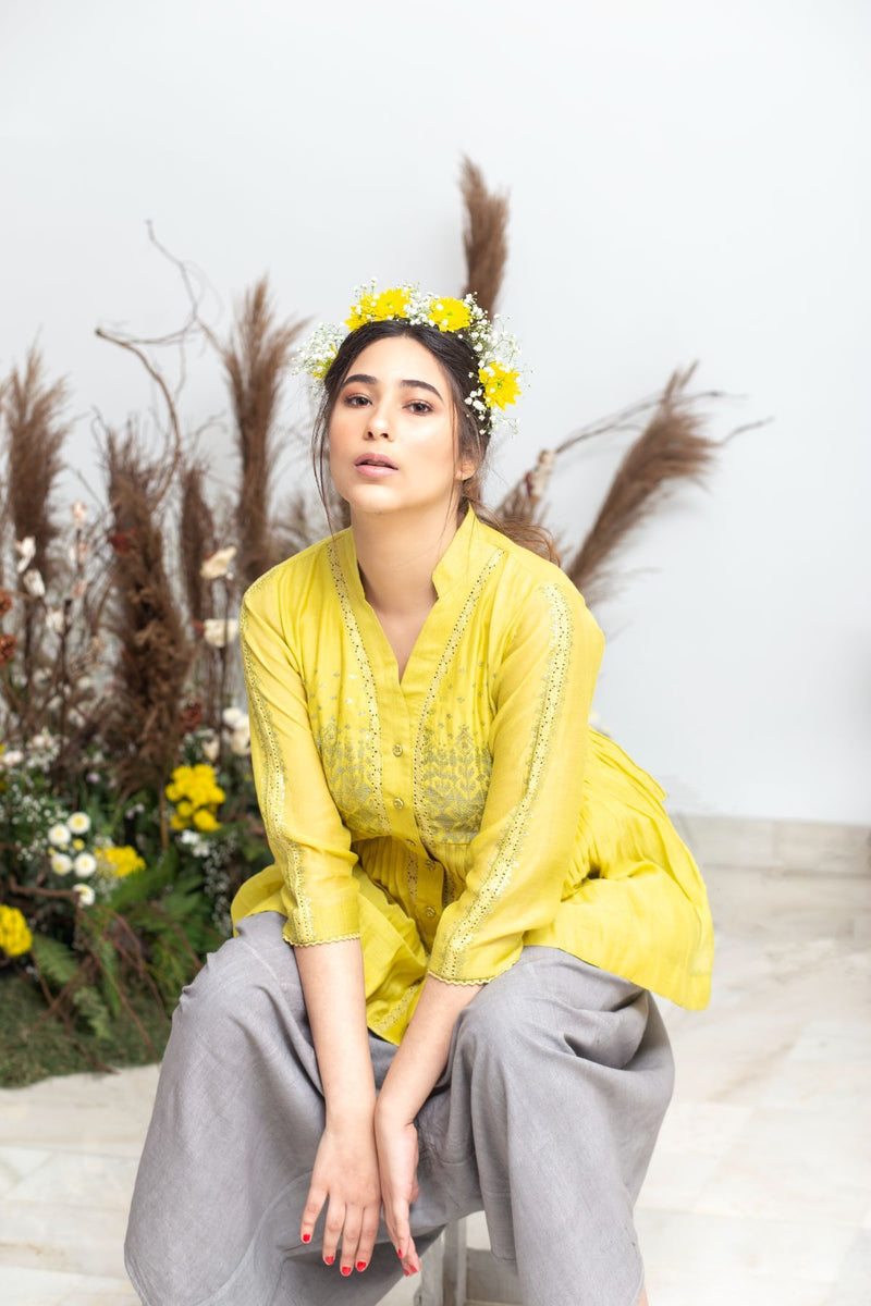 Sunshine Glow Chanderi Top and Handspun Dhoti Pants - Sunshine Glow - Neeta Bhargava