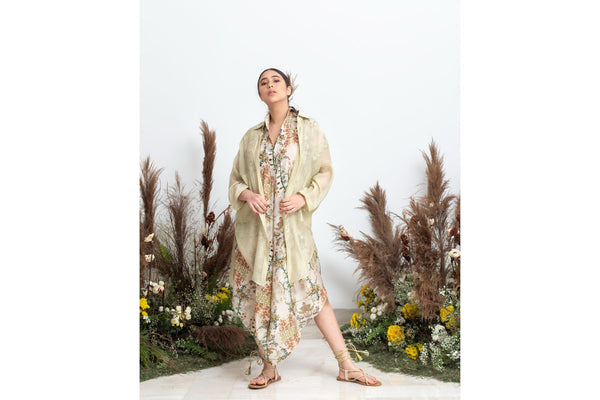Raw Green Blossomy Print Dress And Overlay - Raw Green - Neeta Bhargava