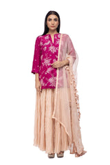 Travelling flowers Kashida short kurti with Farzaneh crushed skirt and Odhani set - Travelling Flowers - Neeta Bhargava