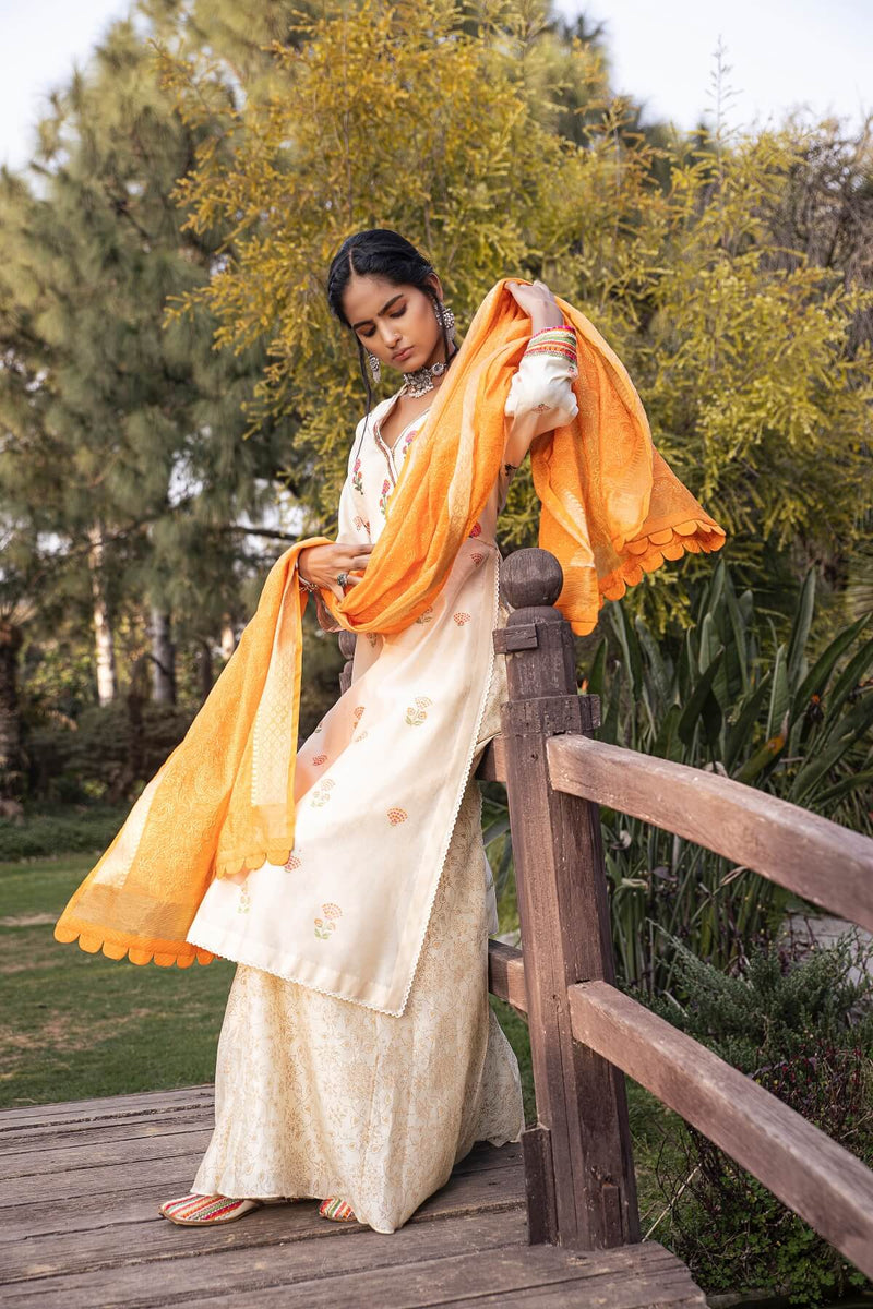 Utsav Cotton silk and banarasi woven kurta, silk chanderi palazzo and self embroidered textured odhani