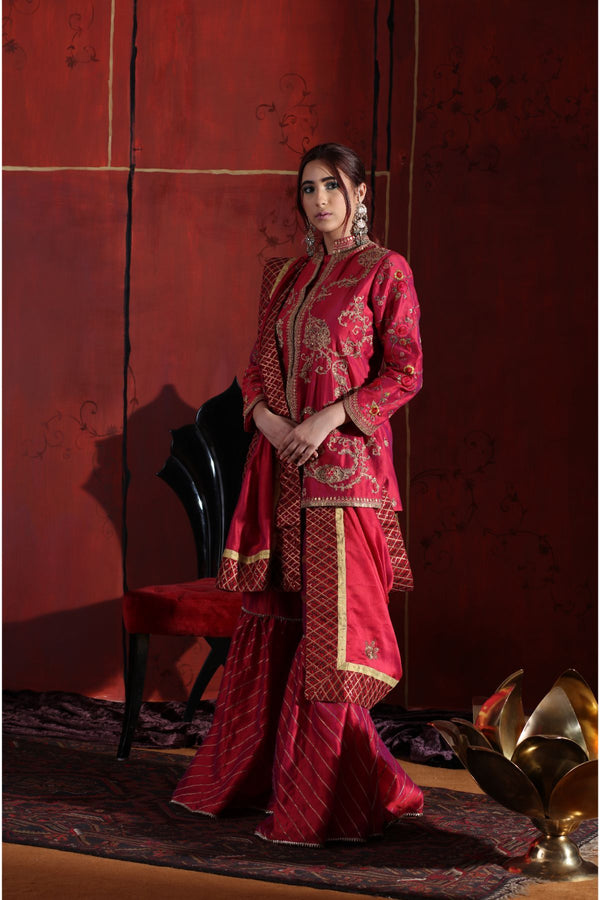 Hand embroidery kurti and sharara set with organza odhani