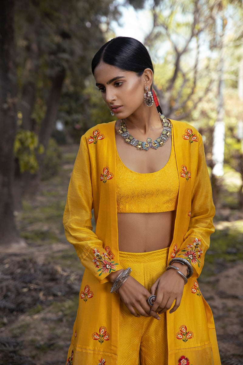 Utsav silk chanderi jacket and self embroidered textured bustier and sharara