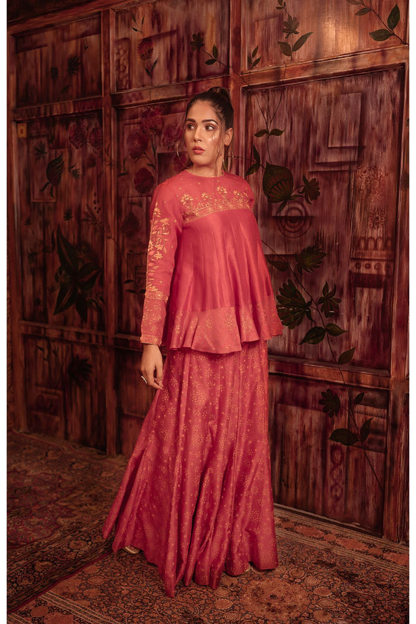 Hand embroidered top and hand-painted skirt set