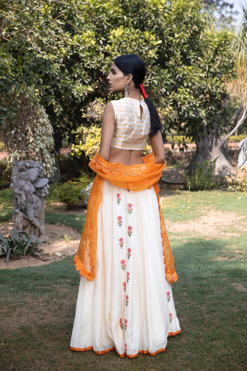 Utsav Banarasi woven with silk chanderi bustier, skirt, and odhani set