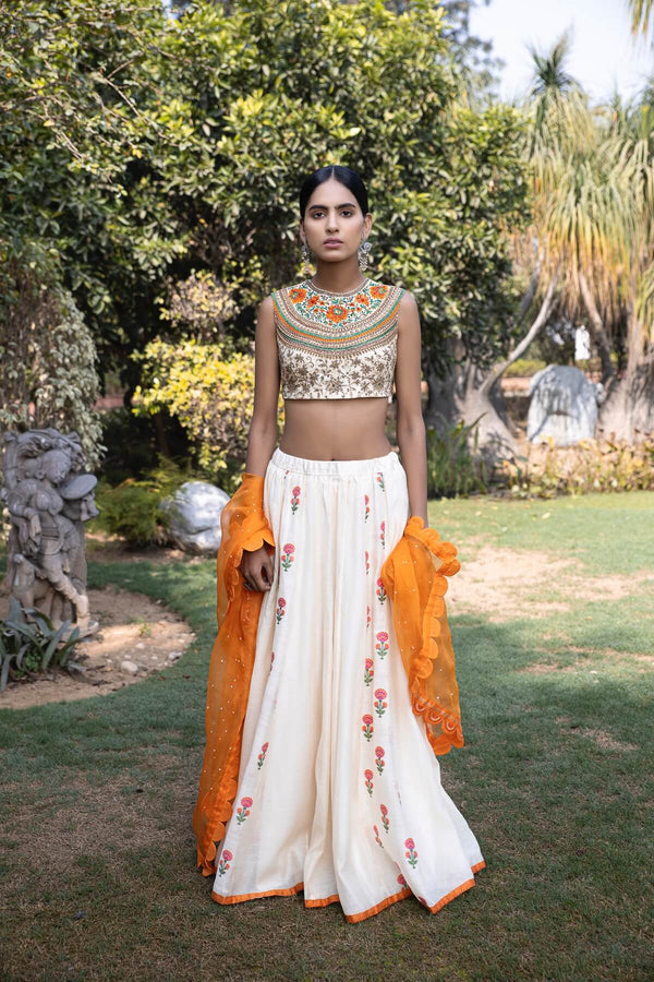 Utsav Banarasi woven with silk chanderi bustier, skirt, and odhani set