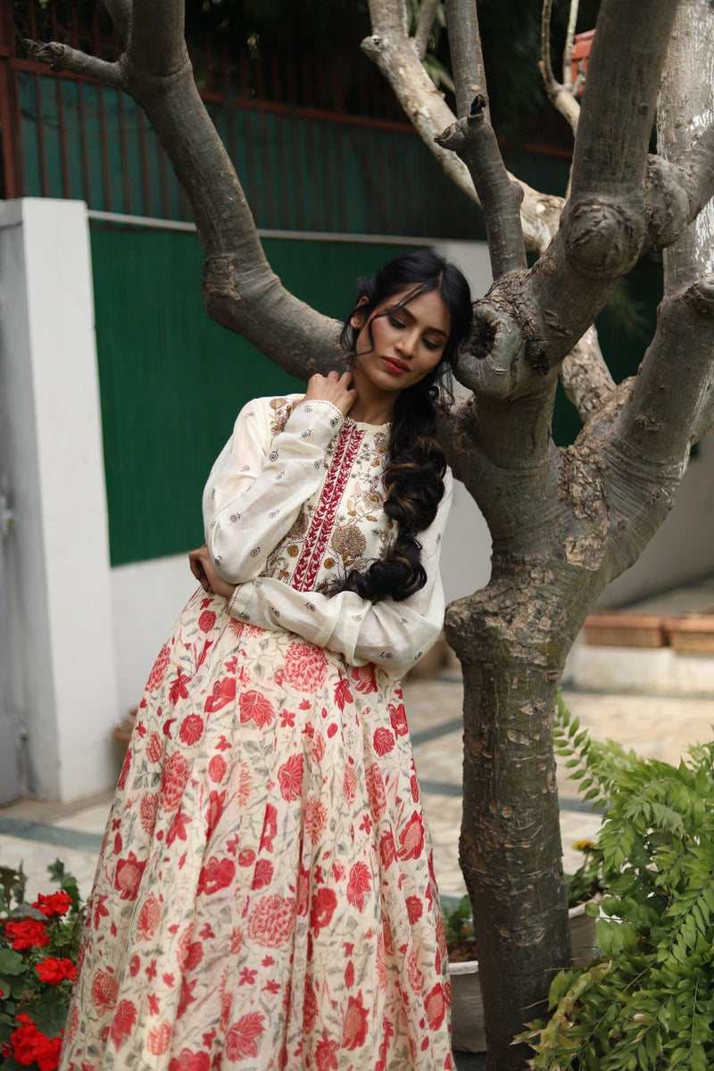 Vintage Garden Anarkali styled with bias cut skirt and hand painted odhani - Vintage Garden - Neeta Bhargava