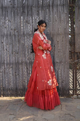 Vinatge Garden kurta and tiered skirt with hand embroidered and painted odhani set - Vintage Garden - Neeta Bhargava
