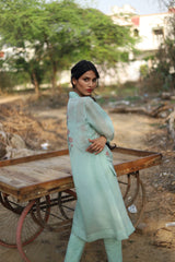 Vintage Garden hand-painted jacket and bustier with khadi straight pants - Vintage Garden - Neeta Bhargava